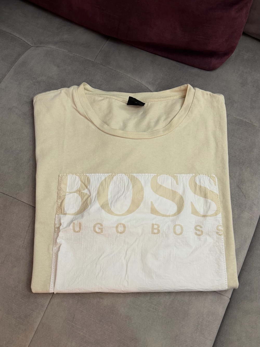 Hugo Boss Men's Cream Logo Tee with Subtle Tonal Print